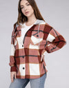 Plaid Drawstring Hooded Fleece Shacket