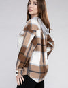 Plaid Drawstring Hooded Fleece Shacket