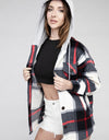 Plaid Drawstring Hooded Fleece Shacket