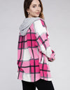 Plaid Drawstring Hooded Fleece Shacket