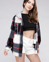 Plaid Drawstring Hooded Fleece Shacket