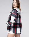 Plaid Drawstring Hooded Fleece Shacket