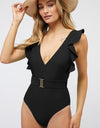 SOLID RUFLLE SLEEVE ONE PIECE SWIMSUIT