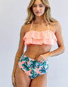 SOLID RUFFLE TOP AND PRINTED BOTTOM SWIMSUIT