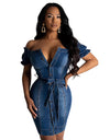 Sexy off-Shoulder Single-Breasted Short Sleeve Denim Dress