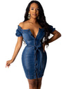 Sexy off-Shoulder Single-Breasted Short Sleeve Denim Dress