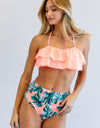 SOLID RUFFLE TOP AND PRINTED BOTTOM SWIMSUIT