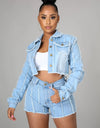 Slim-Fit Denim Cropped Jacket & Short Set