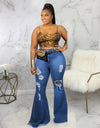 Sexy Knee Hole Slim Denim Stretch plus Size Plump Girls Bell-Bottom Pants