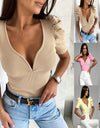 Short Sleeved Fit V-neck Women's Knit Blouse