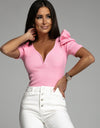 Short Sleeved Fit V-neck Women's Knit Blouse