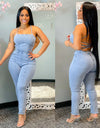 Slim Fit Bandage Denim Jumpsuit