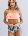 SOLID RUFFLE TOP AND PRINTED BOTTOM SWIMSUIT