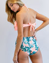 SOLID RUFFLE TOP AND PRINTED BOTTOM SWIMSUIT